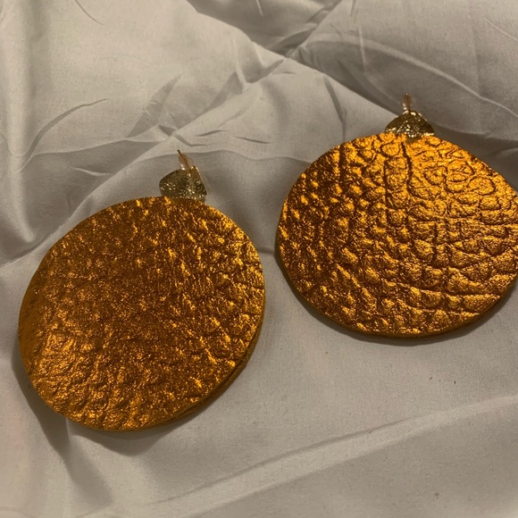 Genuine Leather Circle Earrings- Metallic Orange with Gold - Picture 3 of 4